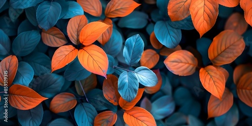 Vibrant Closeup of Orange and Blue Leaves Clustered at the Bottom of the Image. Concept Nature Photography, Closeup Shots, Vibrant Colors, Autumn Foliage, Color Contrast