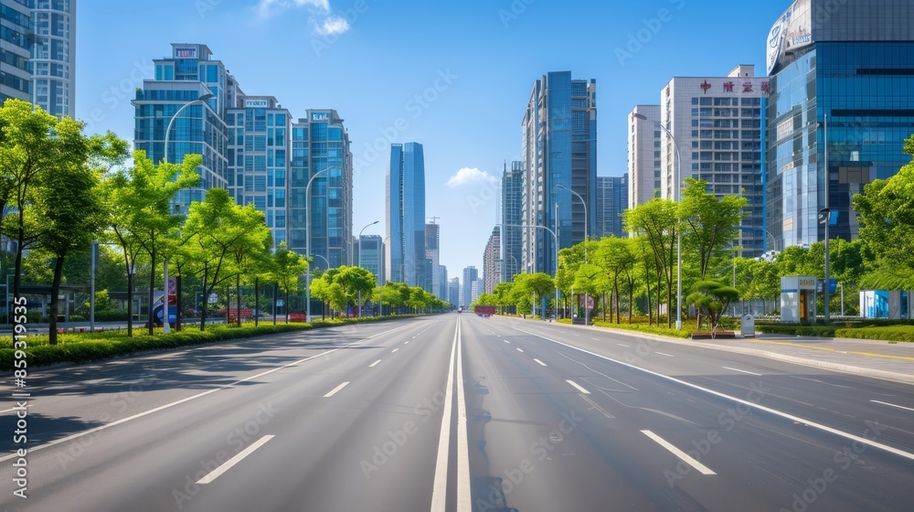 Empty City Street With Skyscrapers and Trees on a Sunny Day Empty City Street With Skyscrapers and Trees on a Sunny Day