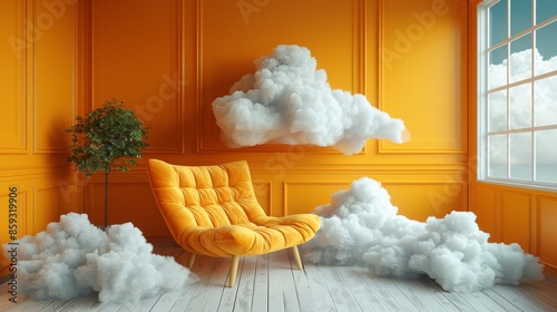 White clouds float in a vibrant yellow room, with Prussian blue, orange, and mustard accents. Abstract and minimalist style. photo