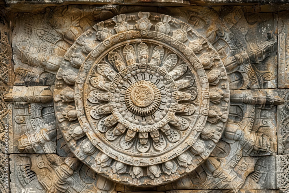 intricate mandala pattern carved into ancient stone wall showcasing ornate spiritual symbolism and symmetry intricate mandala pattern carved into ancient stone wall showcasing ornate spiritual symbolism and symmetry