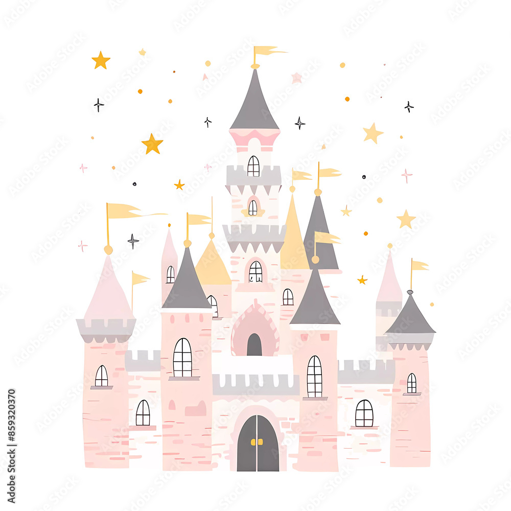 Naklejka premium Cute fairy tale princess castle, baby print.Simple cartoon flat illustration on transparent background PNG