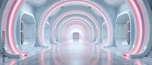 Futuristic hallway with neon pink lighting and arched structures, conveying a modern and sleek sci-fi environment. © AnuStudio