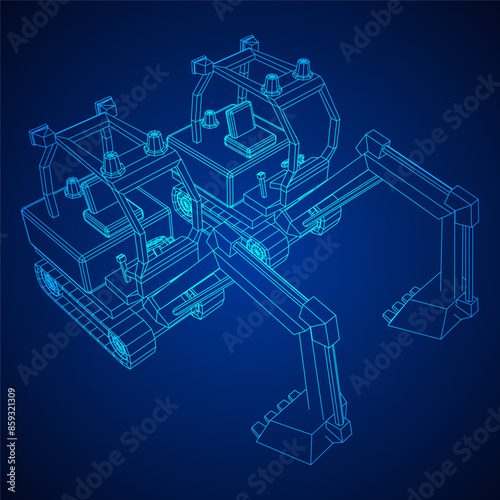 Heavy equipment excavator machine manufacturing power equipment for open pit mining. Wireframe low poly mesh vector illustration