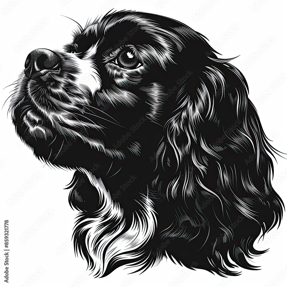A black and white drawing of a Cavalier King Charles Spaniel dog A black and white drawing of a Cavalier King Charles Spaniel dog