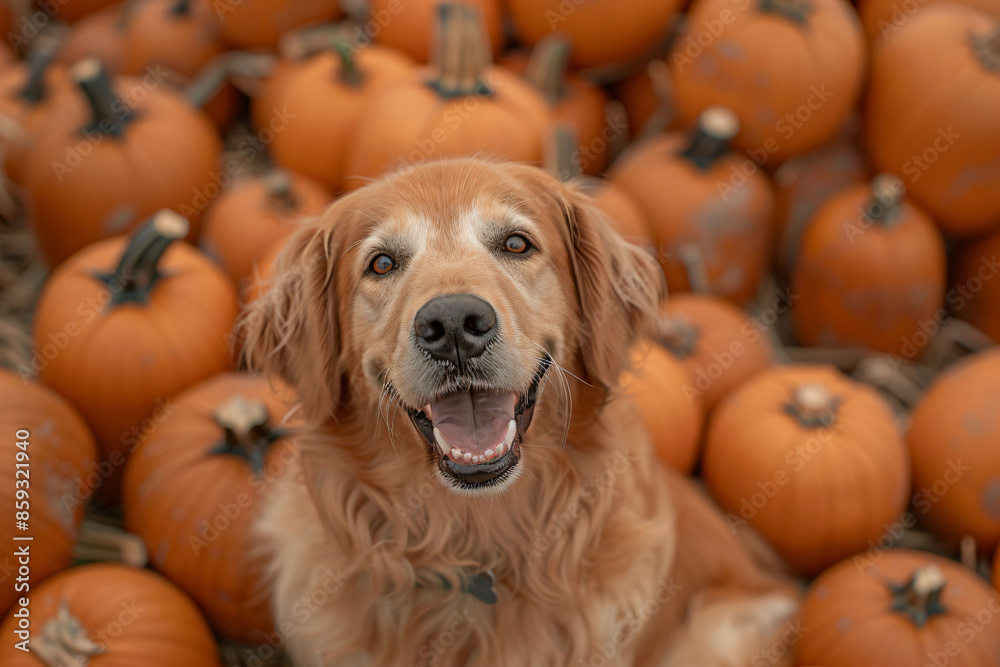 a dog sitting among a pile of pumpkins