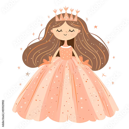 Cute fabulous girl princess in a fluffy pink dress and crown, baby print.Simple cartoon flat illustration on transparent background PNG photo