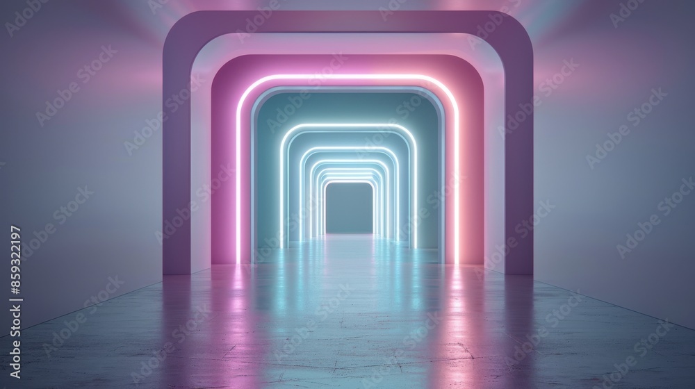 Futuristic neon-lit hallway with vibrant archways and reflective flooring creates a mesmerizing modern design and immersive visual experience.