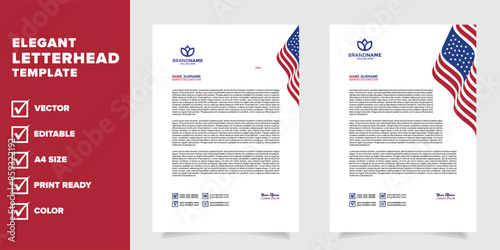 Modern business letterhead design template with United States flag theme, A4 size with a combination of red, blue and white