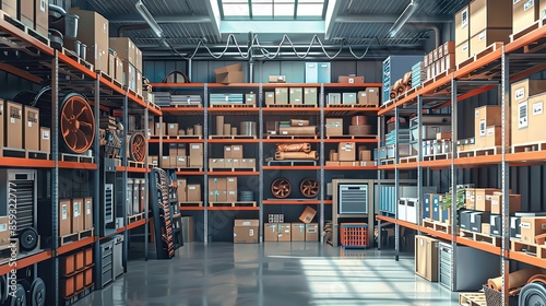 Warehouse with organized shelves in a clean illustration style and clear content areas