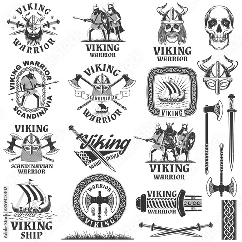 Set of viking warrior logos, badges, stickers. Vector illustration. For emblems, labels and patch. Monochrome style viking in helmet with crossed battle sword, axe, spear and round shield