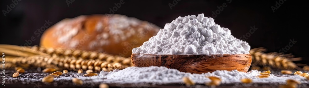 Close-up of flour in a wooden bowl with wheat and bread in the background, perfect for baking and food-related concepts. Close-up of flour in a wooden bowl with wheat and bread in the background, perfect for baking and food-related concepts.