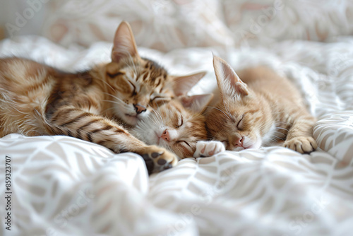 two kittens are sleeping on a bed © Nam