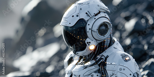 Closeup of a robot head on a blurred background with lights. Sci-Fi futuristic background. Created with Generative AI technology.