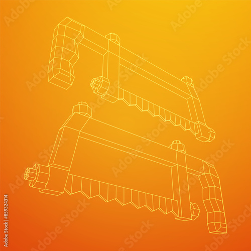 Hacksaw manual or Hand hacksaw. Wireframe low poly mesh vector illustration
