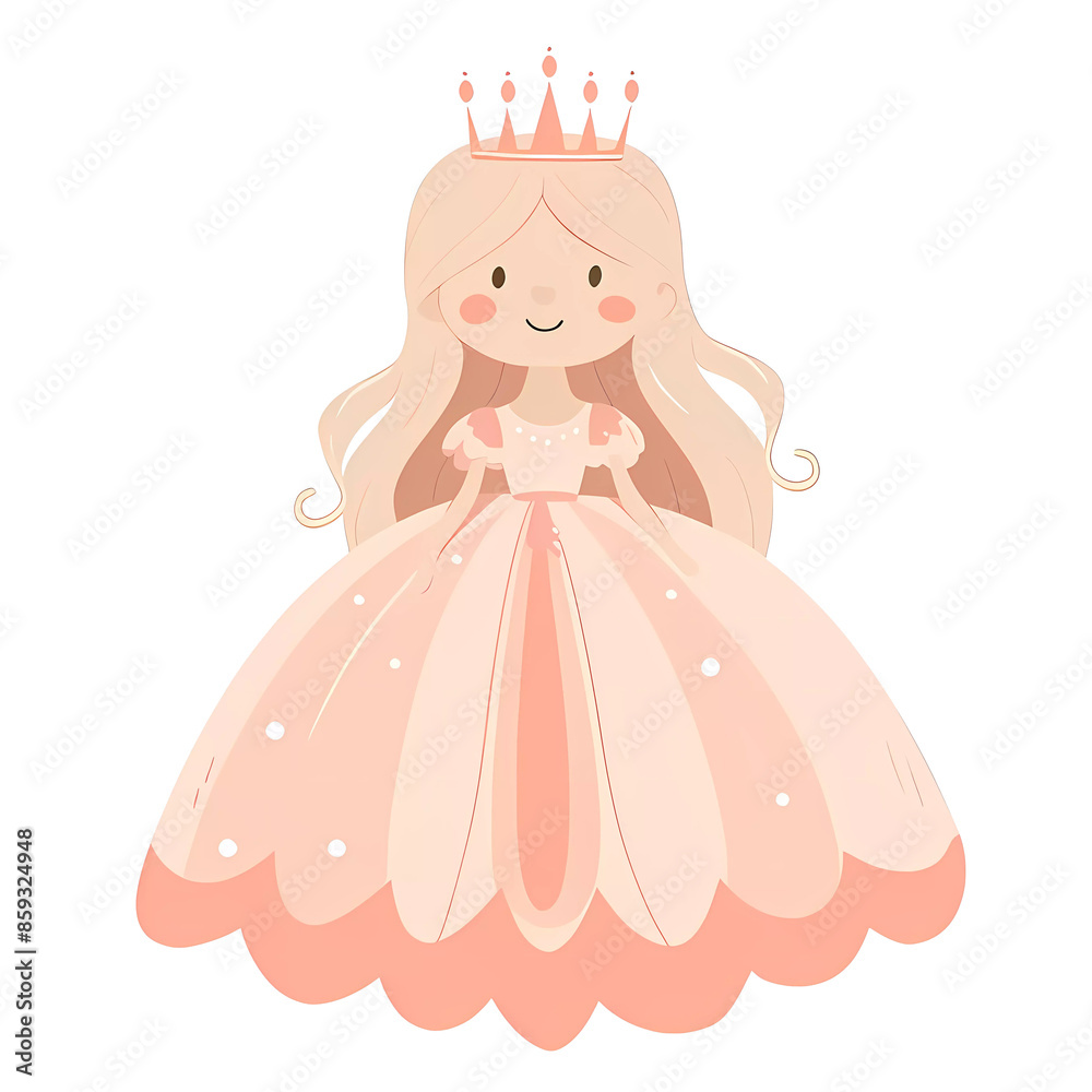 Fototapeta premium Cute fabulous girl princess in a fluffy pink dress and crown, baby print.Simple cartoon flat illustration on transparent background PNG