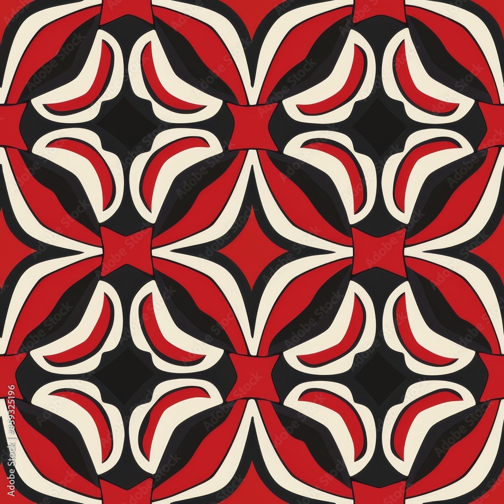 Decorative abstract geometric pattern in red, black, and white. Ideal for backgrounds and artistic designs. Seamless pattern