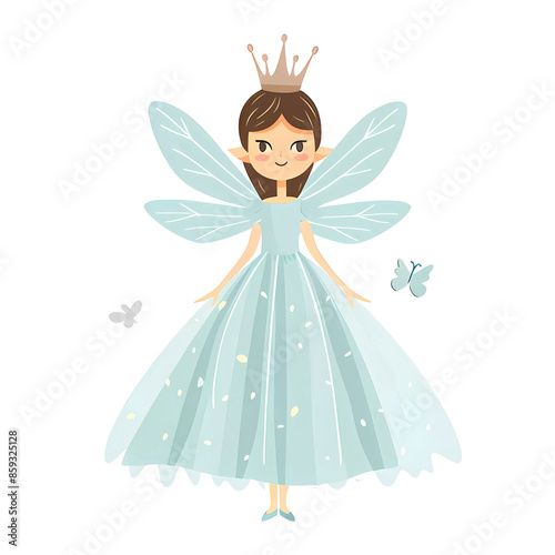 Cute fairy girl with wings, princess in crown, fluffy blue dress, baby print.Simple cartoon flat illustration on transparent background PNG photo