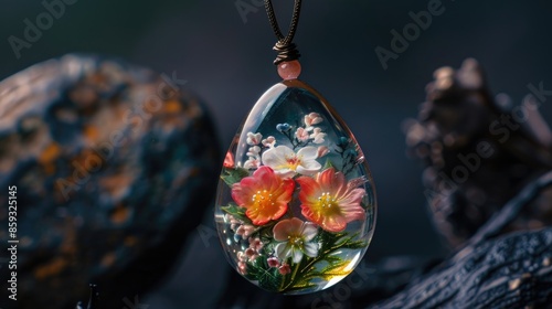 Floral resin pendant on dark backdrop