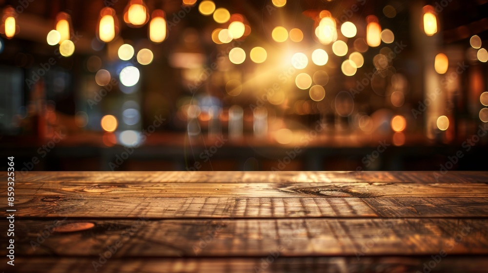 Rustic Wooden Tabletop with Blurred Bar Background Rustic Wooden Tabletop with Blurred Bar Background