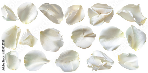 Collection of soft white flower petals isolated on a white background