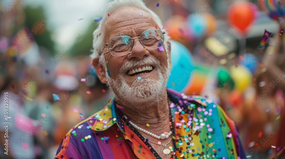 A happy old man wearing a rainbow shirt and sunglasses celebrated in a parade as confetti flew around him A happy old man wearing a rainbow shirt and sunglasses celebrated in a parade as confetti flew around him