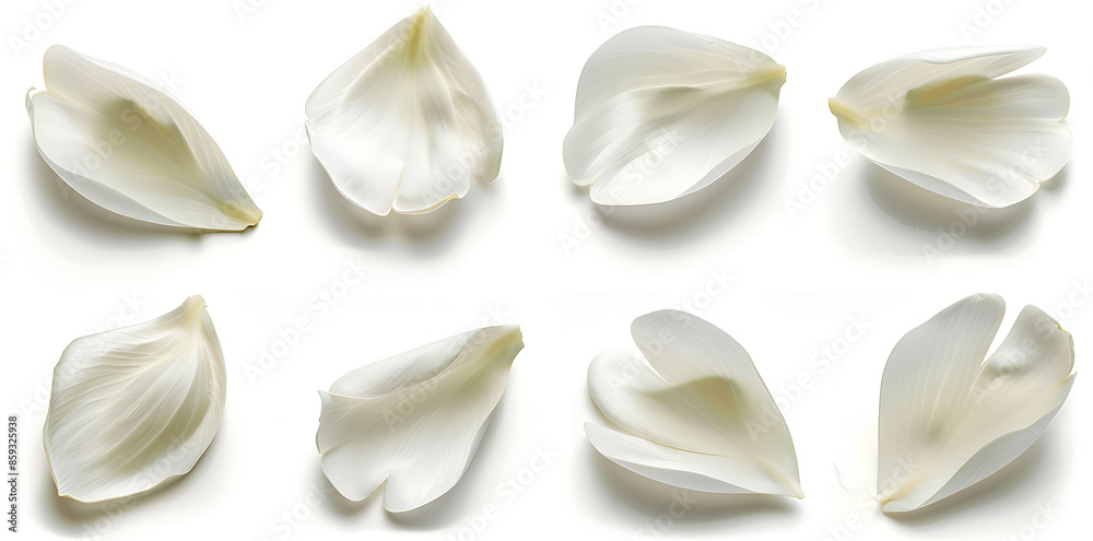Fototapeta premium Collection of soft white flower petals isolated on a white background