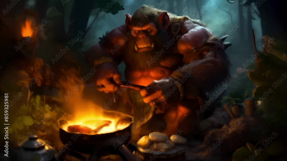 A scary mythical troll with large fangs roasts meat on a fire in a dark forest A scary mythical troll with large fangs roasts meat on a fire in a dark forest