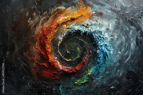 Immerse yourself in a visually mesmerizing artistic representation showcasing the four elements of nature - Earth, Wind, Fire, Air, and Water - forming a circular pattern
