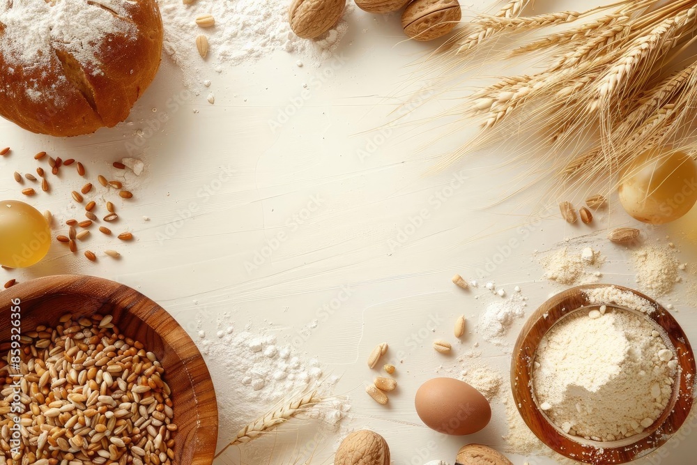 Top view of baking ingredients including bread, wheat, eggs, and flour on a light background, perfect for bakery and cooking themes. Top view of baking ingredients including bread, wheat, eggs, and flour on a light background, perfect for bakery and cooking themes.