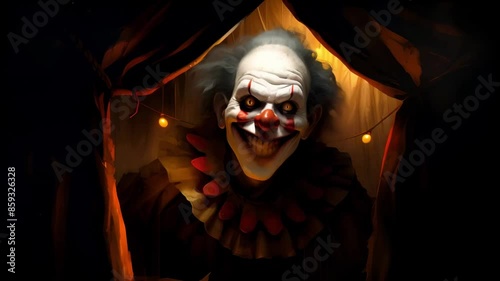 The Frightful clown with a contorted smile, peeking out from behind a tattered curtain in a forgotten theater	
 photo