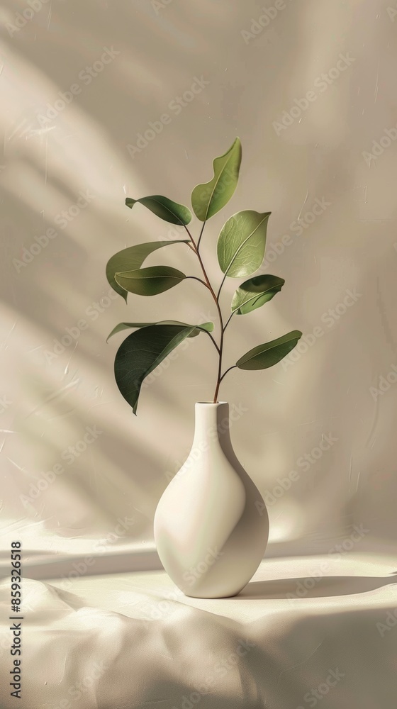 White ceramic vase with green leaves on a fabric background, minimalistic decor concept White ceramic vase with green leaves on a fabric background, minimalistic decor concept