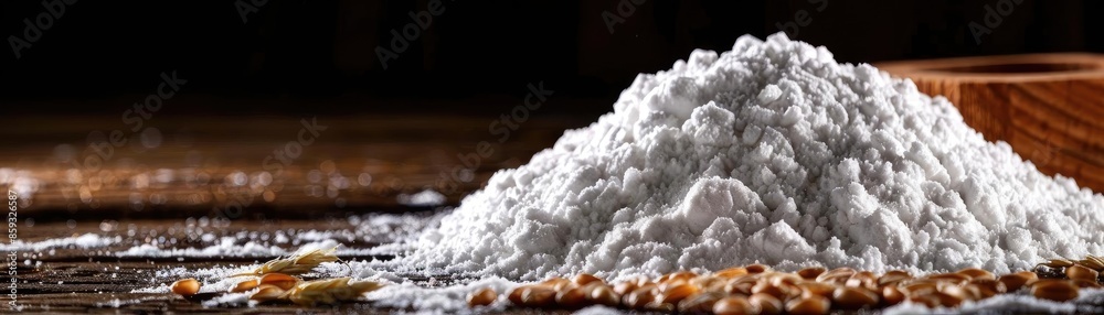 A close-up image of a heap of white flour on a dark wooden surface with scattered grains around, perfect for baking and cooking themes. A close-up image of a heap of white flour on a dark wooden surface with scattered grains around, perfect for baking and cooking themes.