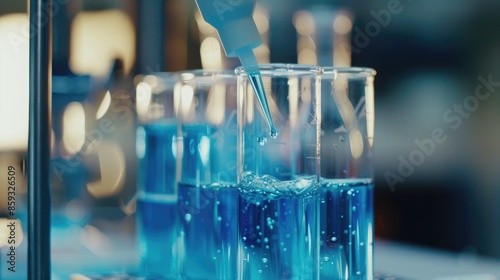 Focused dispensing of reagent into test tube with blue chemical in research lab photo