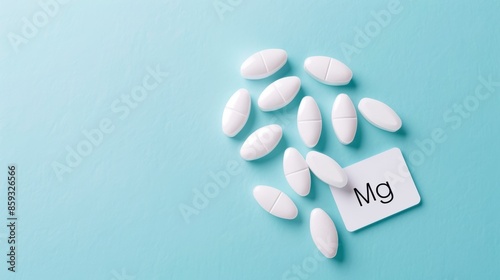Medical pills of magnesium on blue background. Nutritional supplement concept. Top view