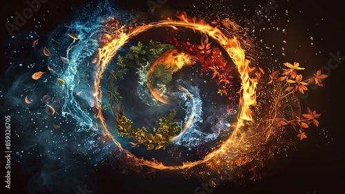 Immerse yourself in a visually mesmerizing artistic representation showcasing the four elements of nature - Earth, Wind, Fire, Air, and Water - forming a circular pattern