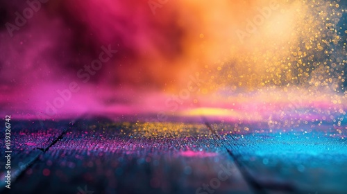 a close up of a rustic empty wooden table with colorful holi powder background 