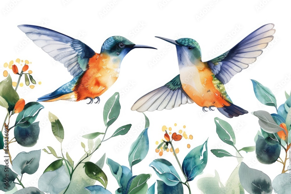 Fototapeta premium colibri birds pattern, watercolor style. ai generated
