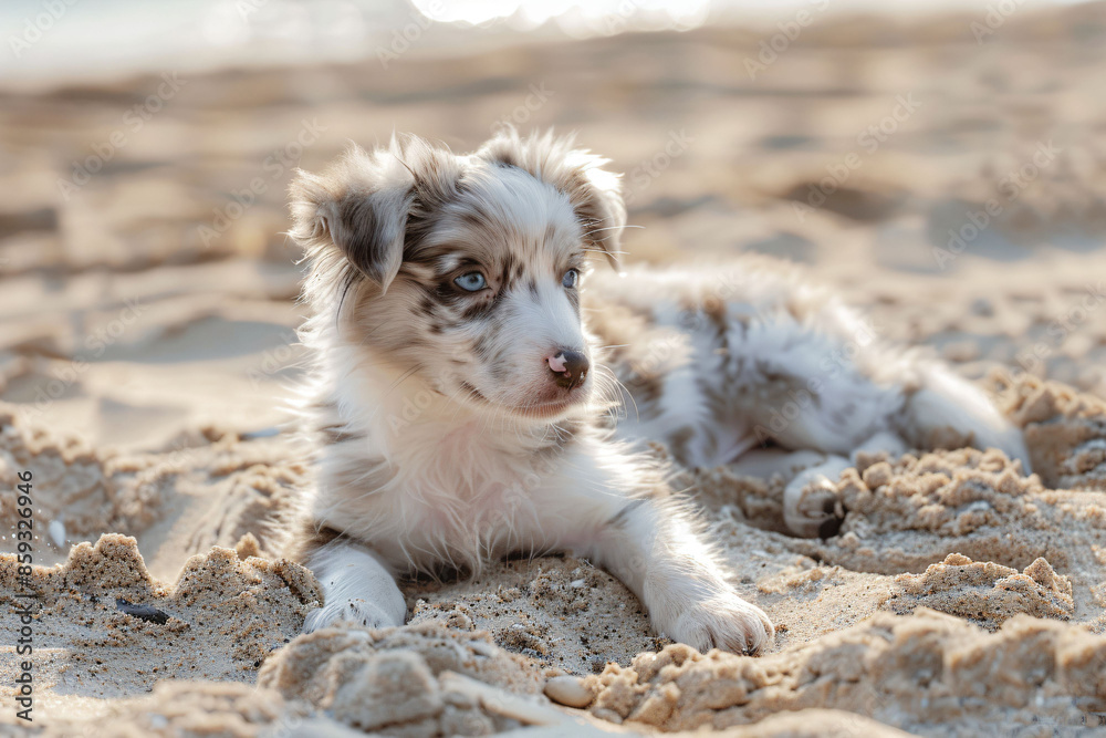 a puppy laying on the sand on a beach a puppy laying on the sand on a beach