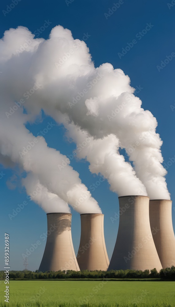 Cooling towers of a power station releasing white steam, framed by expansive green fields and a bright blue sky Cooling towers of a power station releasing white steam, framed by expansive green fields and a bright blue sky