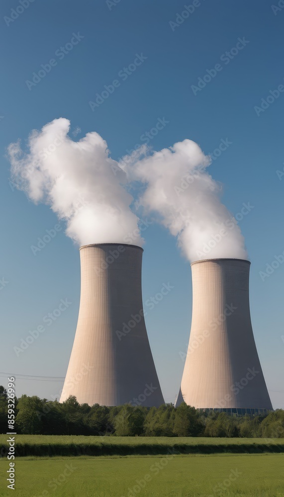 A power plant with three large cooling towers emitting steam, set against a backdrop of lush greenery A power plant with three large cooling towers emitting steam, set against a backdrop of lush greenery