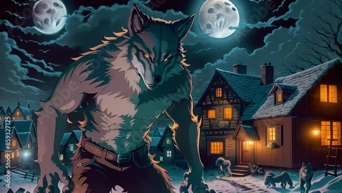 A terrifying gray werewolf stands on the night street of a small village