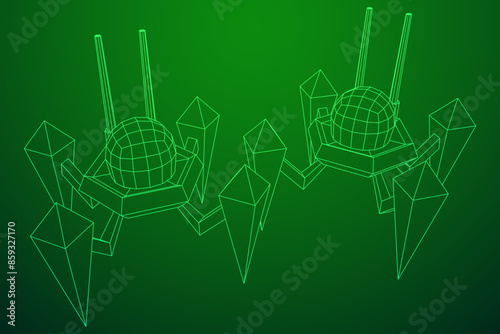 Spider robot with radar antenna. Nanobot, nanotechnology medical concept. Wireframe low poly mesh vector illustration