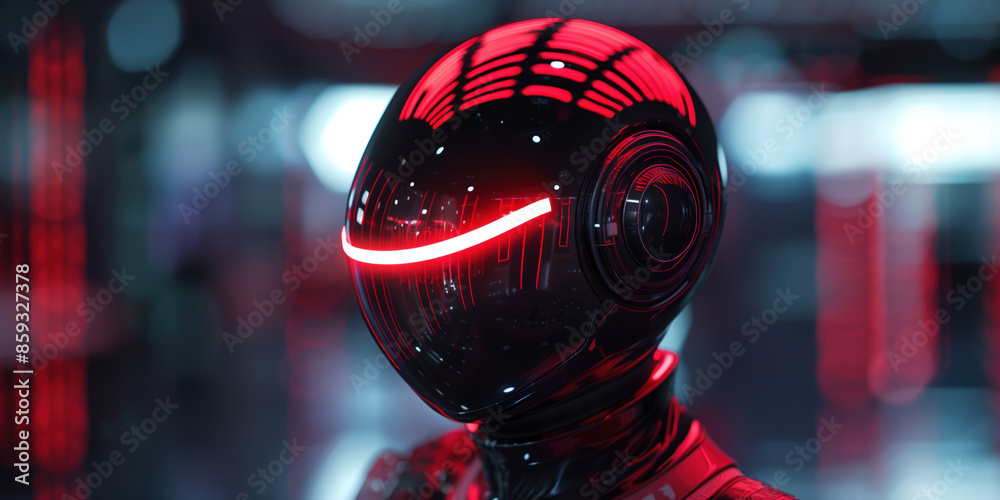 Closeup of a robot head on a blurred background with lights. Sci-Fi futuristic background. Created with Generative AI technology. Closeup of a robot head on a blurred background with lights. Sci-Fi futuristic background. Created with Generative AI technology.
