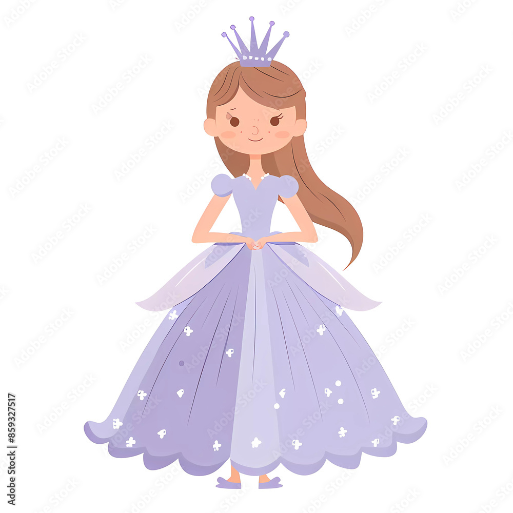 Fototapeta premium Cute fabulous girl princess in a lush lilac dress and crown, baby print.Simple cartoon flat illustration on transparent background PNG