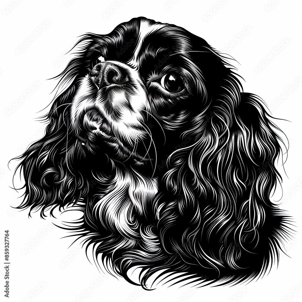 A black and white drawing of a Cavalier King Charles Spaniel dog A black and white drawing of a Cavalier King Charles Spaniel dog