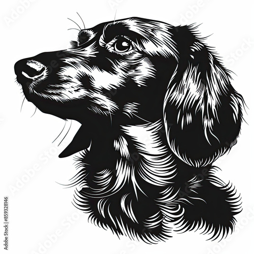 A black and white drawing of a dachshund dog