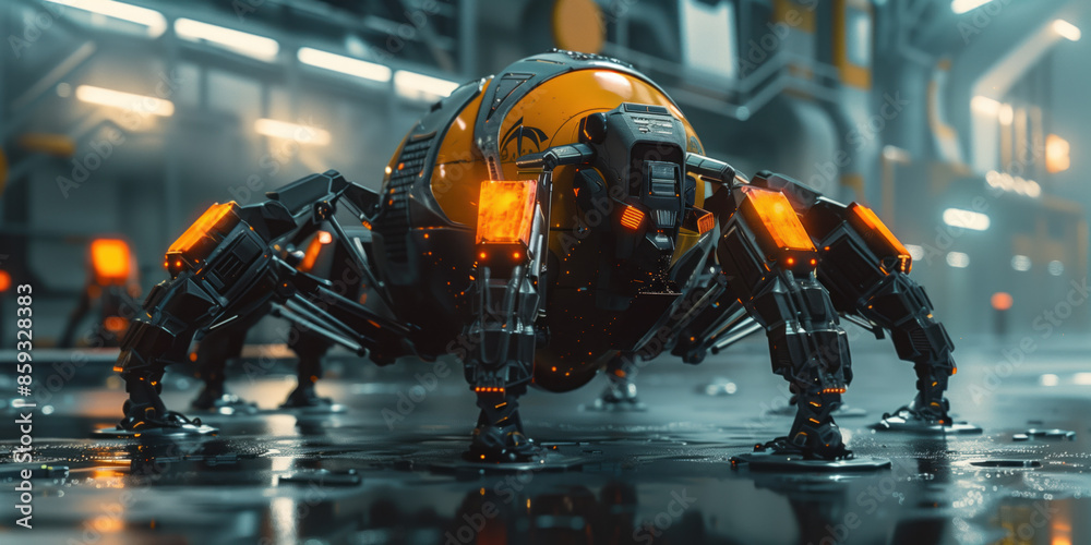 An alien robot in a futuristic setting. Sci-Fi futuristic background. Created with Generative AI technology. An alien robot in a futuristic setting. Sci-Fi futuristic background. Created with Generative AI technology.