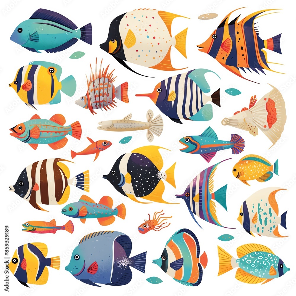 Colorful collection of various tropical fish illustrations, showcasing vibrant scales and patterns, perfect for marine-themed designs and projects. Colorful collection of various tropical fish illustrations, showcasing vibrant scales and patterns, perfect for marine-themed designs and projects.