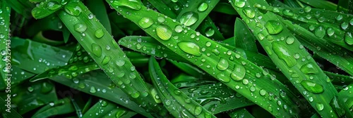 Obraz  z motywem Vibrant green grass texture with raindrops, fresh and lush backdrop for photography