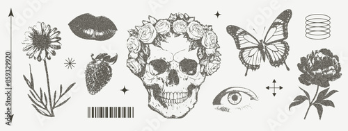 Set of elements with retro photocopy effect Y2K. Skull with a flower wreath, eye, lips, butterfly, lipstick, flowers .Pop art design. Vector illustration for T-shirt prints, collage designs, banner